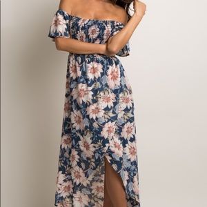Blue floral off shoulder smocked maternity dress